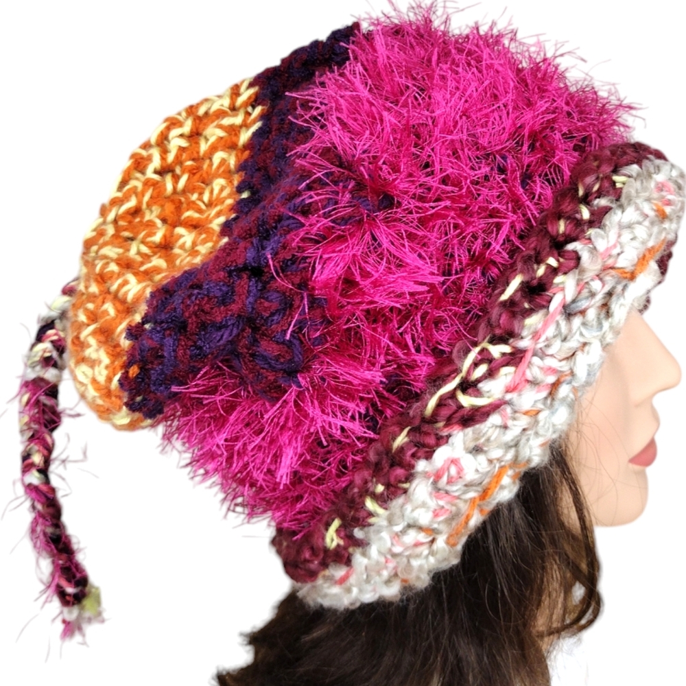 Handmade crochet colorful warm multi-fiber boho hats